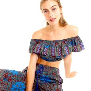 J Crew Paisley Crop off Shoulder Ruffle Top Cotton Size XS H2346 Stretch